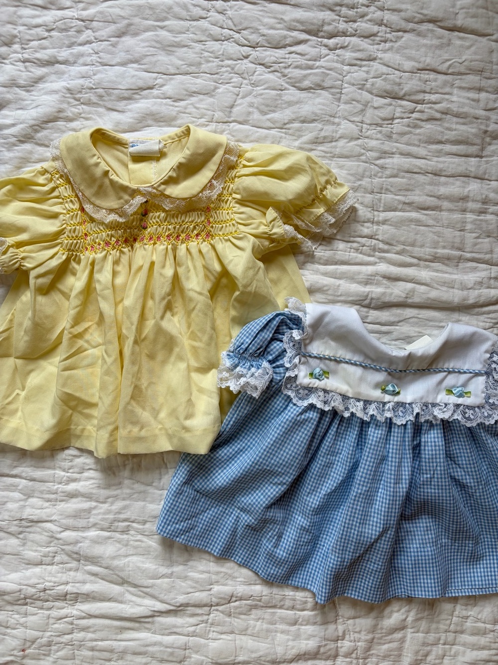 Made in USA Vintage Smocked Dress with Lace and Rosettes, 0-3 months - set of 2